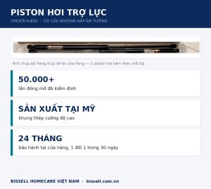 Thông tin piston hơi trợ lực Create-A-Bed: kiểm định trên 50.000 lần đóng mở, sản xuất tại Mỹ, bảo hành 24 tháng